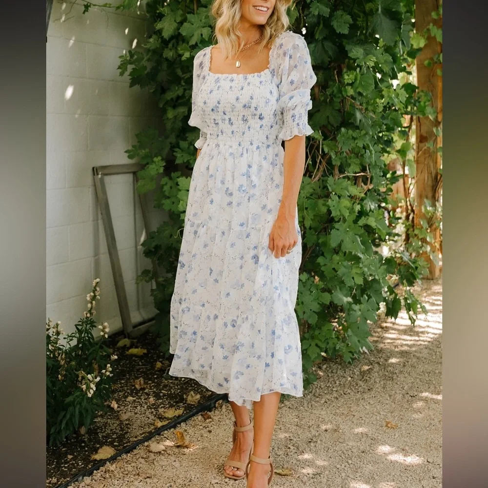 Baltic Born White Midi Dress with Blue Floral Print - Picture 1 of 6